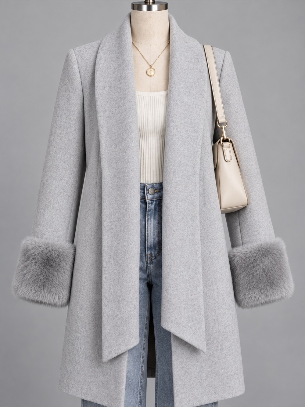 Jessica Light Gray Plush-Cuff Shawl Collar Robe Jacket